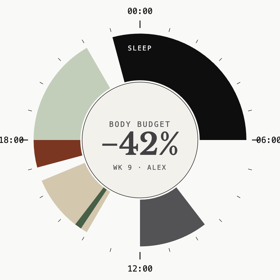 A 24-hour radial body-clock chart showing sleep, peak and trough windows, with a body-budget reading of minus 42 percent.